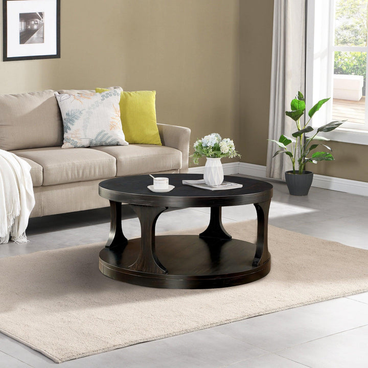 18"H Antique Black Round Structure Coffee Table with Open Shelf