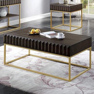 Walnut/Gold Textured Front Panels Coffee Table with Concealed Drawers