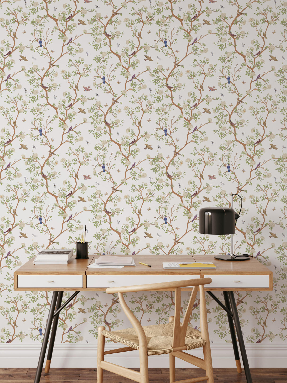 Vintage Chinoiserie Bird Wallpaper | Camellia Blossom Tree Wallpaper