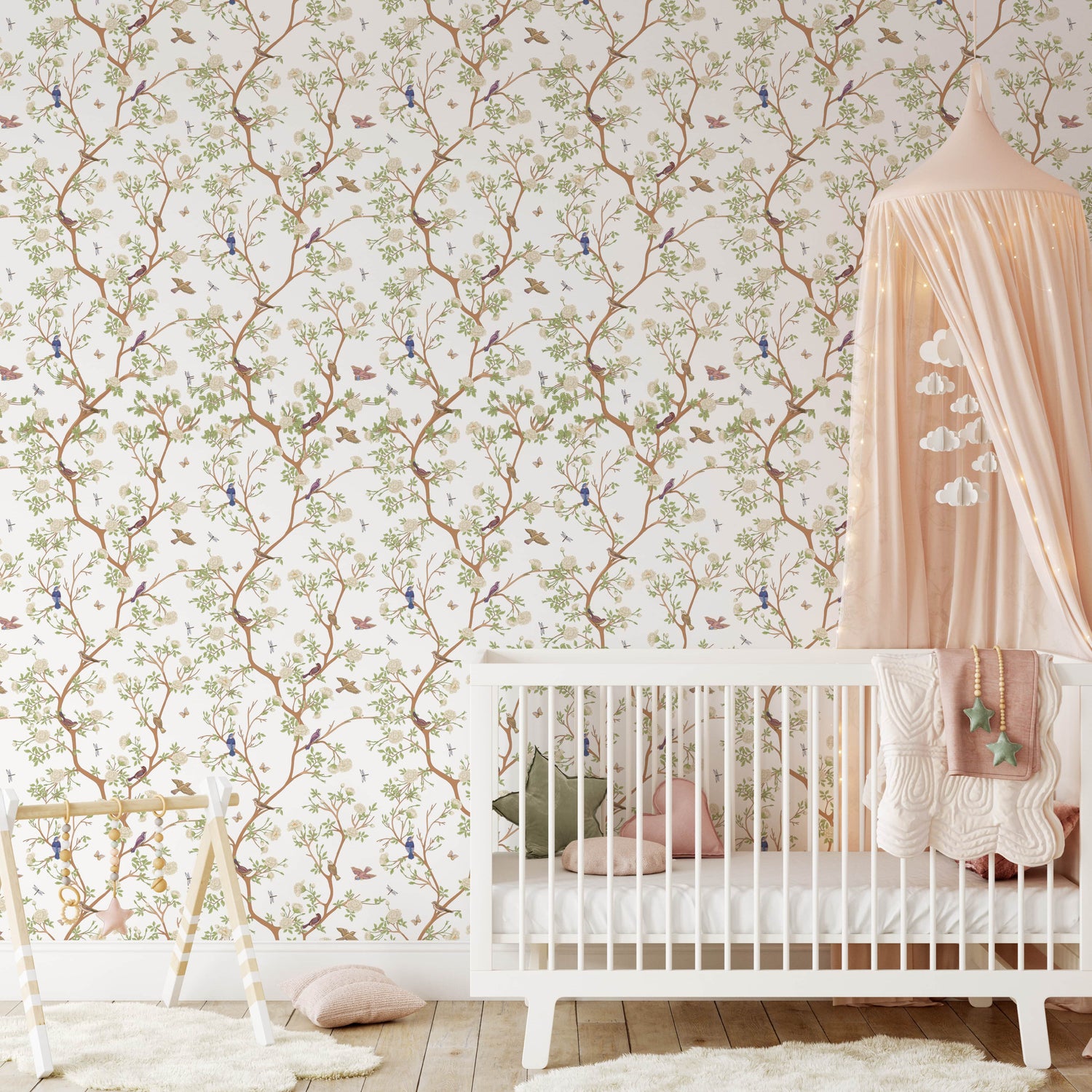 Vintage Chinoiserie Bird Wallpaper | Camellia Blossom Tree Wallpaper