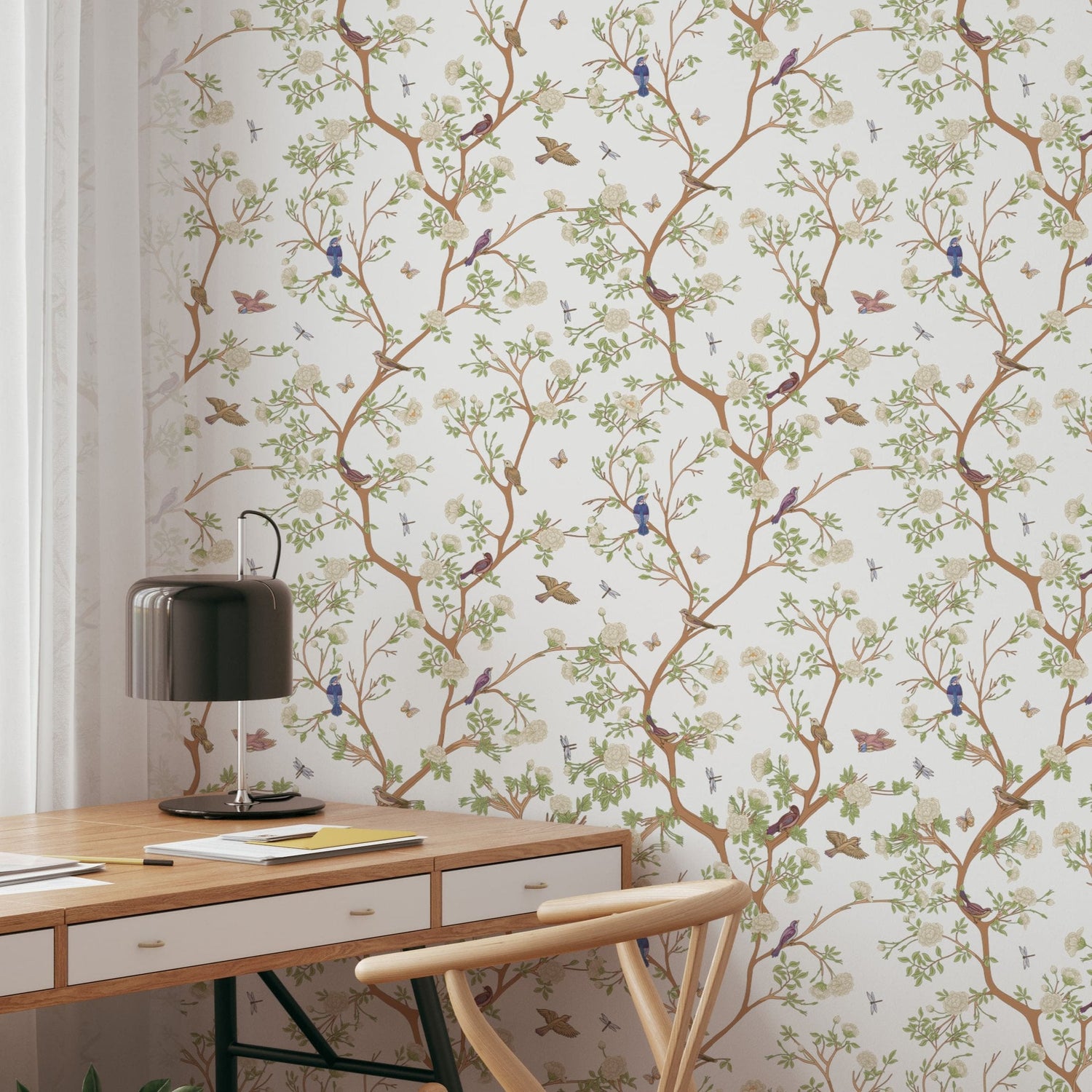 Vintage Chinoiserie Bird Wallpaper | Camellia Blossom Tree Wallpaper