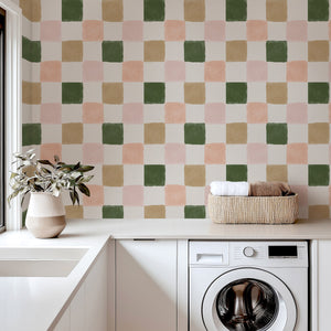 Warm Green and Pink Checker Wallpaper - Earthy & Pastel Tones