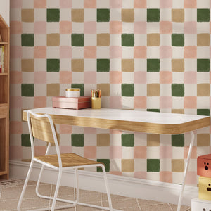 Warm Green and Pink Checker Wallpaper - Earthy & Pastel Tones