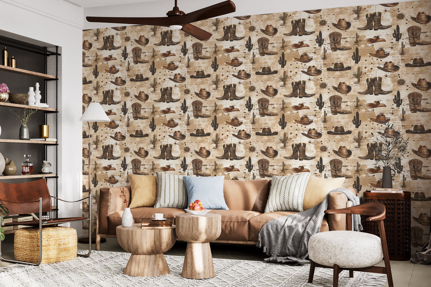 Rustic Cowboy Wallpaper - Removable Western Wallpaper with Hats, Boots & Cacti