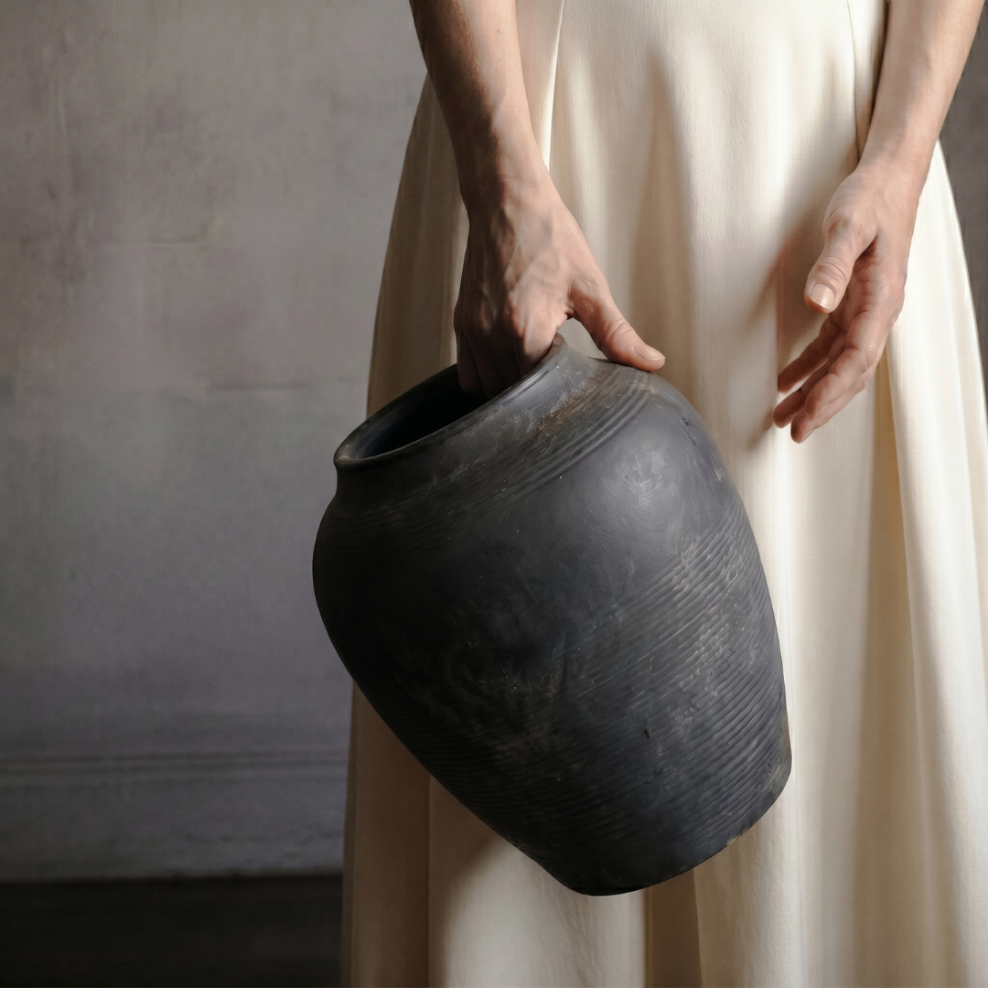 Heritage Classic Terracotta Vessel - Hand-Painted in Weathered Black, 7.8"D x 9.4"H