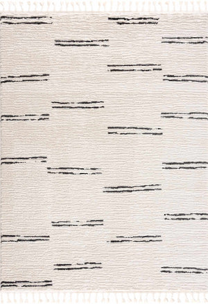 Riad Black Striped White Rug with Tassels