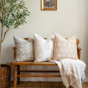 Chloe Floral Block Printed Pillow Cover | Blue