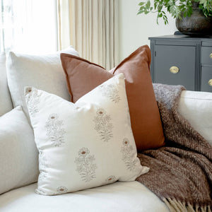 Ella Floral Block Printed Pillow Cover | Light Brown + Terracotta Detail
