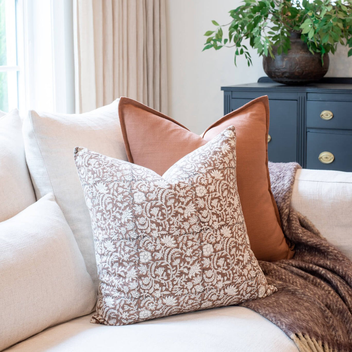 Nina Floral Block Printed Pillow Cover | Brown