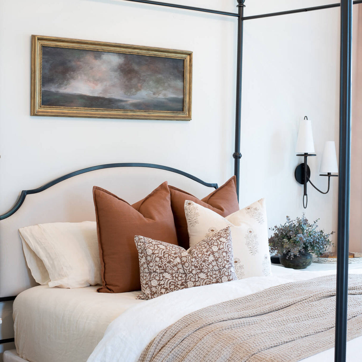 Ella Floral Block Printed Pillow Cover | Light Brown + Terracotta Detail