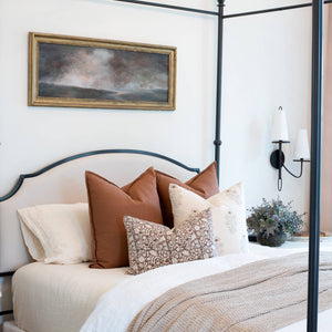 Ella Floral Block Printed Pillow Cover | Light Brown + Terracotta Detail