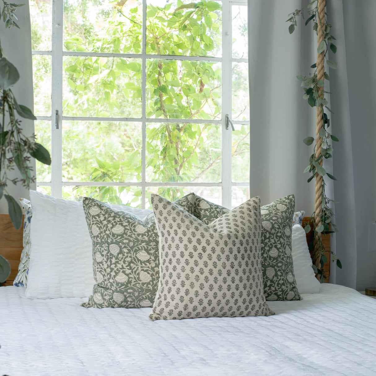 Sabine Floral Block Printed Pillow Cover | Green