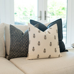 Marla Floral Block Printed Pillow Cover | Blue and Mustard