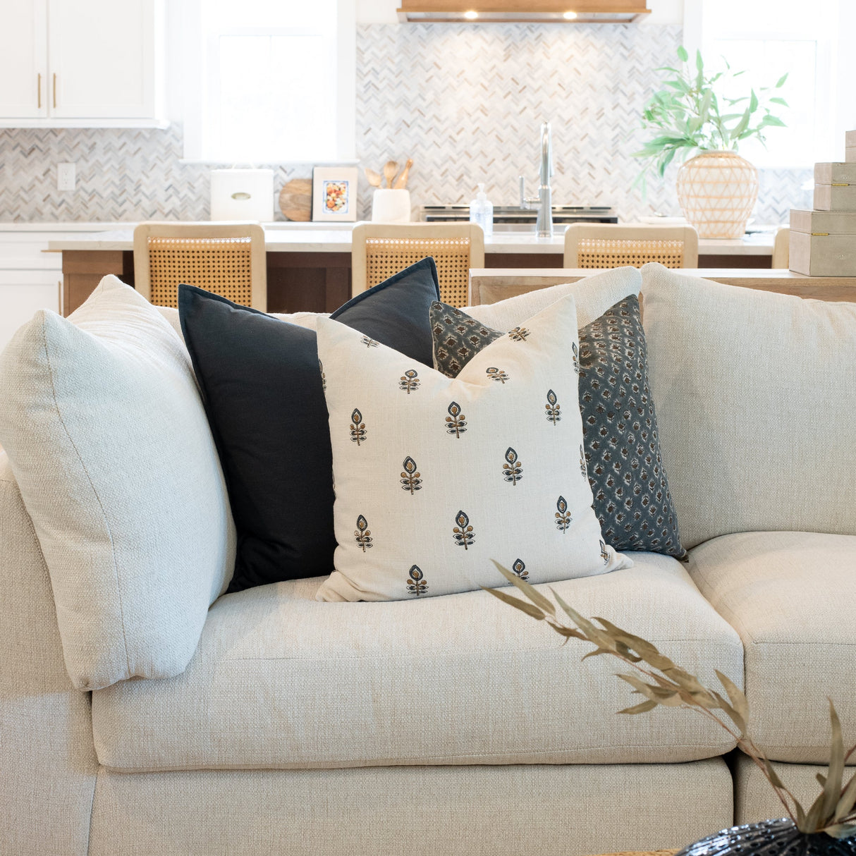 Marla Floral Block Printed Pillow Cover | Blue and Mustard