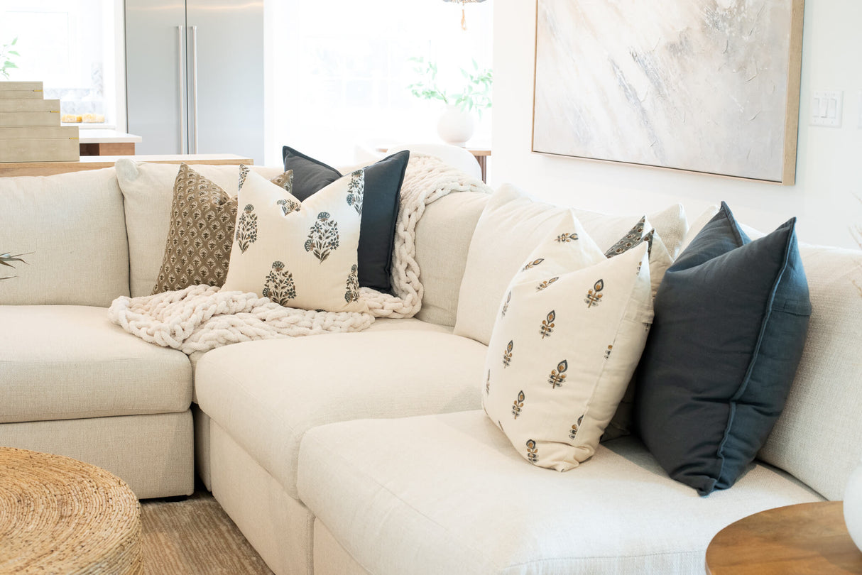 Marla Floral Block Printed Pillow Cover | Blue and Mustard