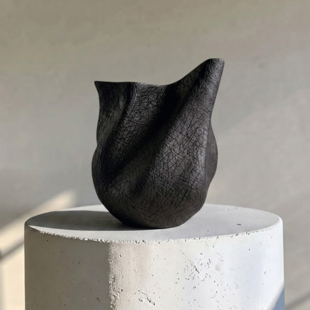 Everest Terracotta Vessel, Hand-painted in Jet Black, 11.4"L x 10"W x 13."H