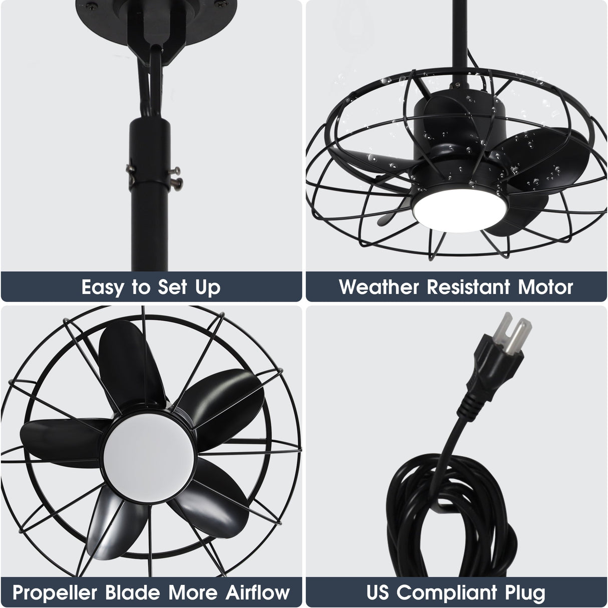 20 Inch Vistula Outdoor DC Motor Black Industrial Hanging Buckle Downrod Ceiling Fan with Light
