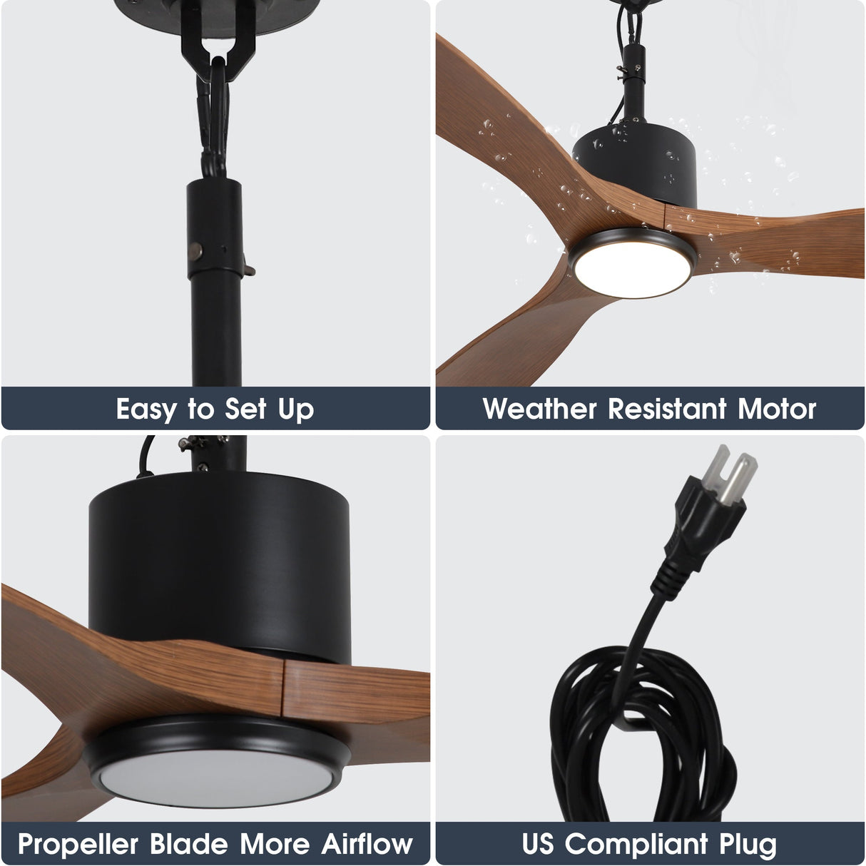 42 Inch Patio Guard IP65 Outdoor DC Motor Black Modern Hanging Buckle Downrod Ceiling Fan with Light