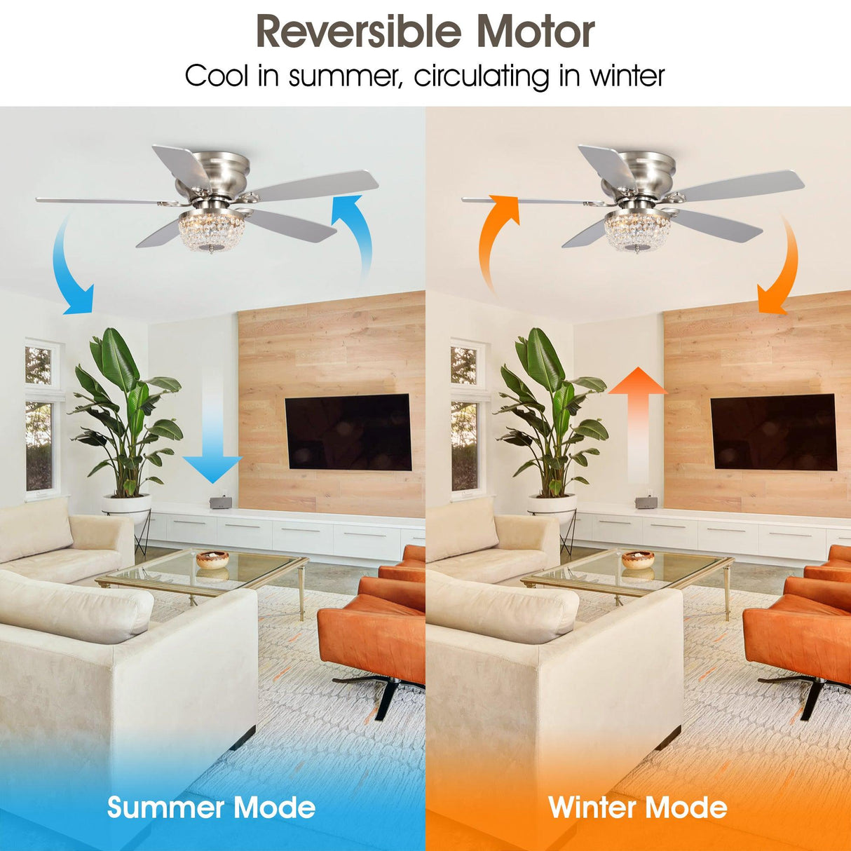 48" Modern Flush Mount Reversible Crytsal Ceiling Fan with Lighting and Remote Control