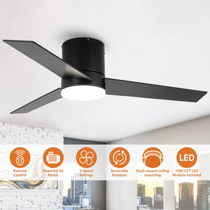 48" Flush Mount Ceiling Fan 3 Blades with LED Lighting and Remote Control
