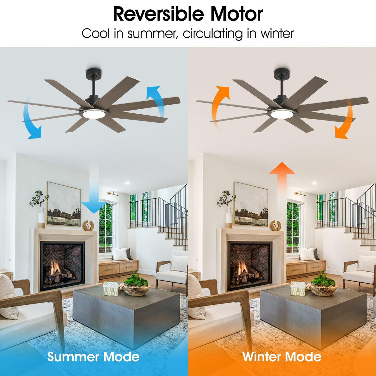 60" DC Motor 8 Blades Modern Downrod Mount Ceiling Fan with LED Light and Remote Control