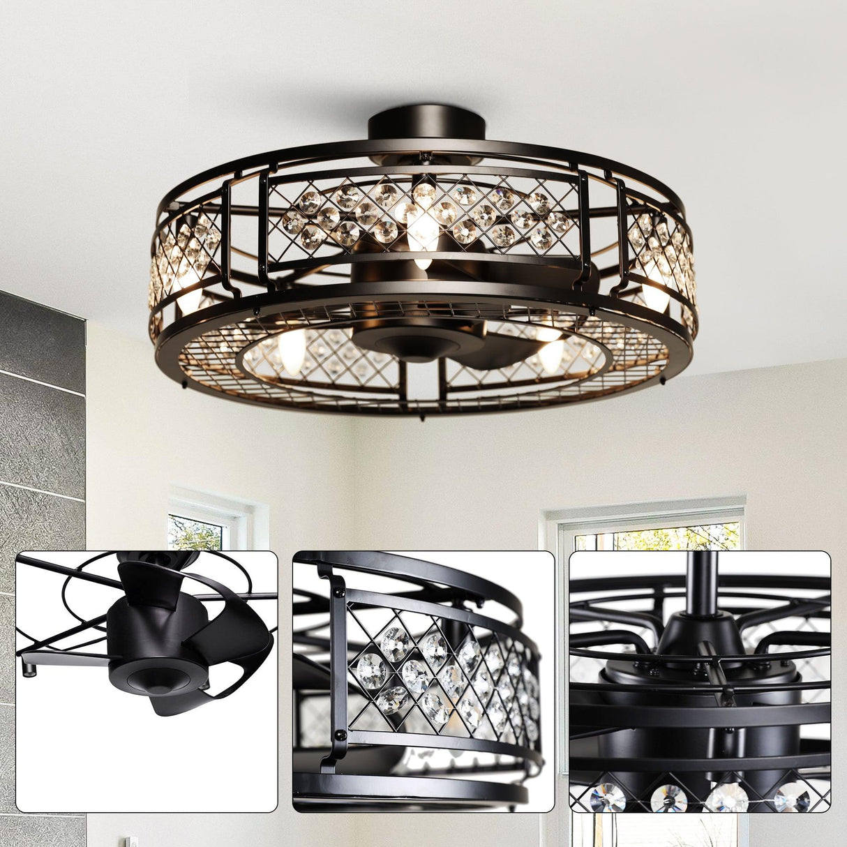 27" Wright Modern DC Motor Downrod Mount Reversible Crystal Ceiling Fan with Lighting and Remote Control