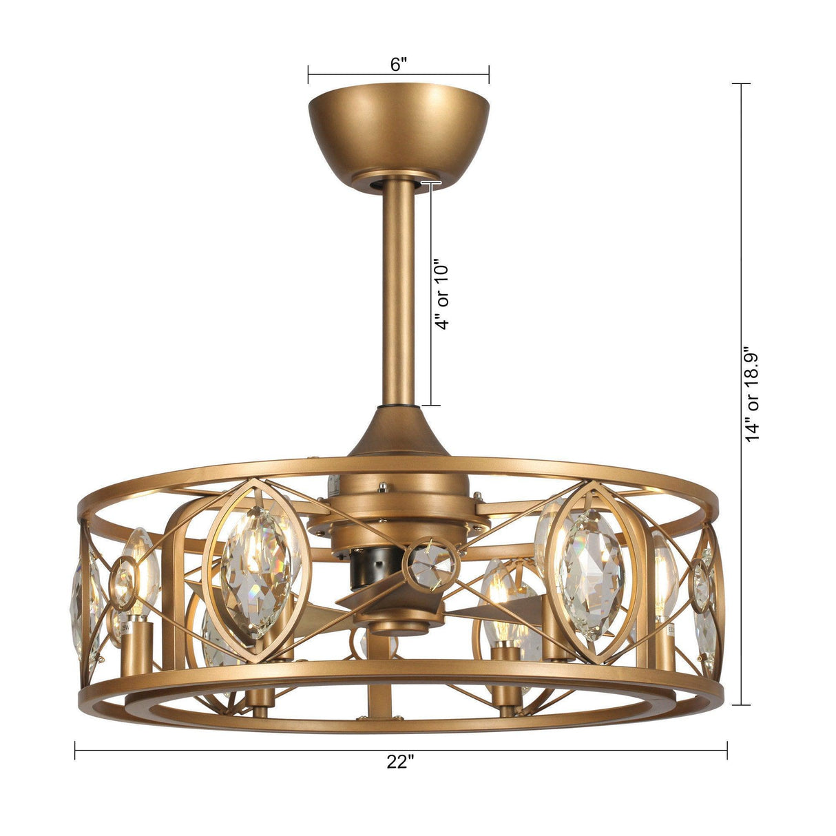 22" Kashmir Modern Glod Reversible Crystal Fandelier Ceiling Fan with Lighting and Remote Control