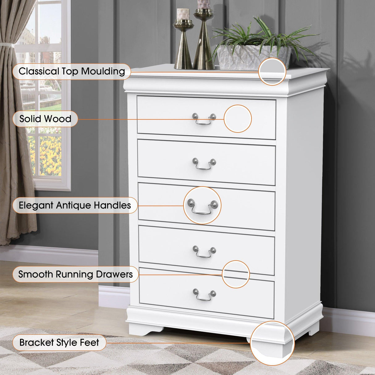 Transitional 5-Drawer 31.5 in. Wide Chest of Drawers with Bracket Feet