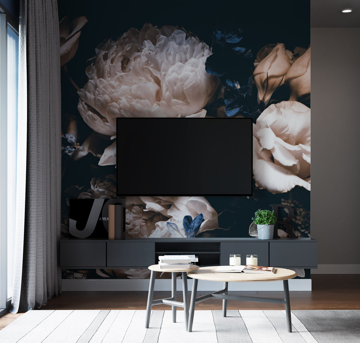 Large Dark Peony Mural Wallpaper
