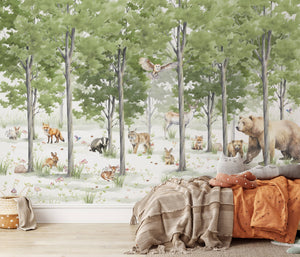 Woodland Animals Forest Wallpaper Mural - Peel and Stick Nursery Wall Decor