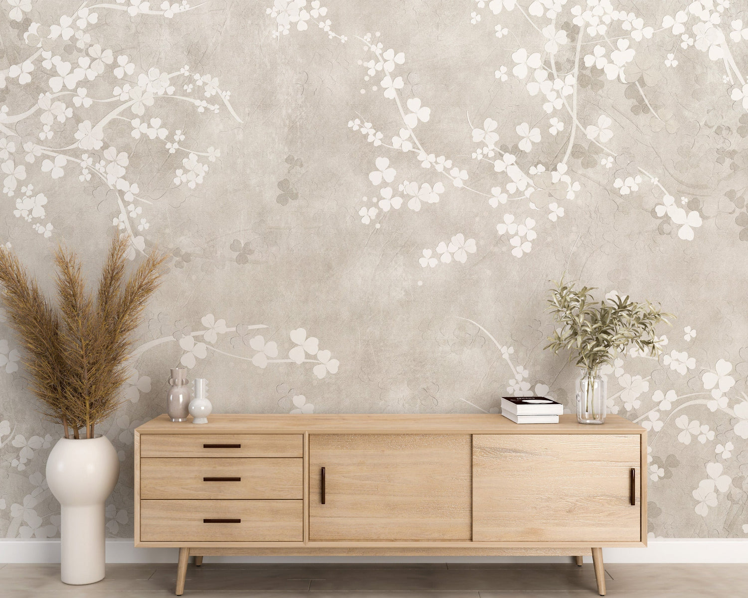 Wall Mural Soft Sakura Blossom - Neutral Floral Wallpaper