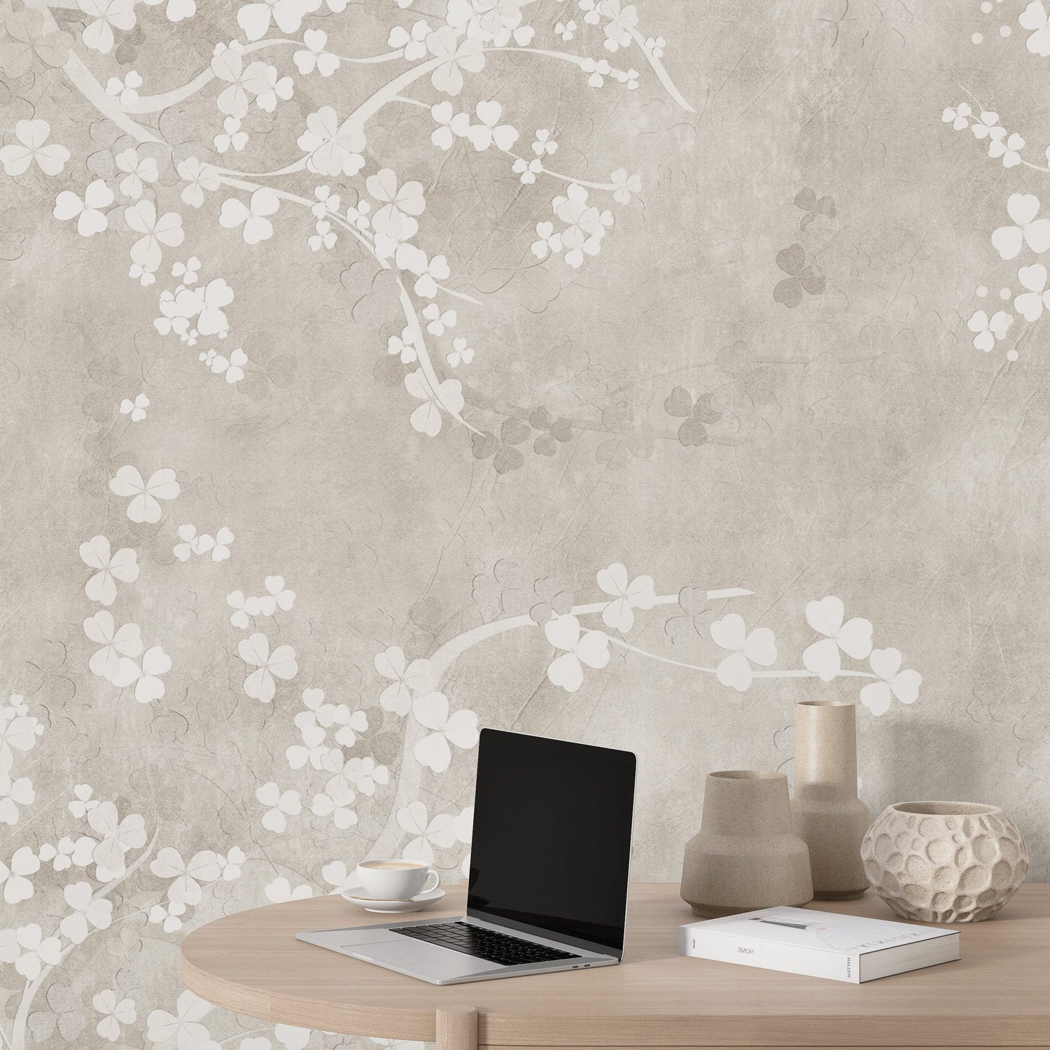 Wall Mural Soft Sakura Blossom - Neutral Floral Wallpaper