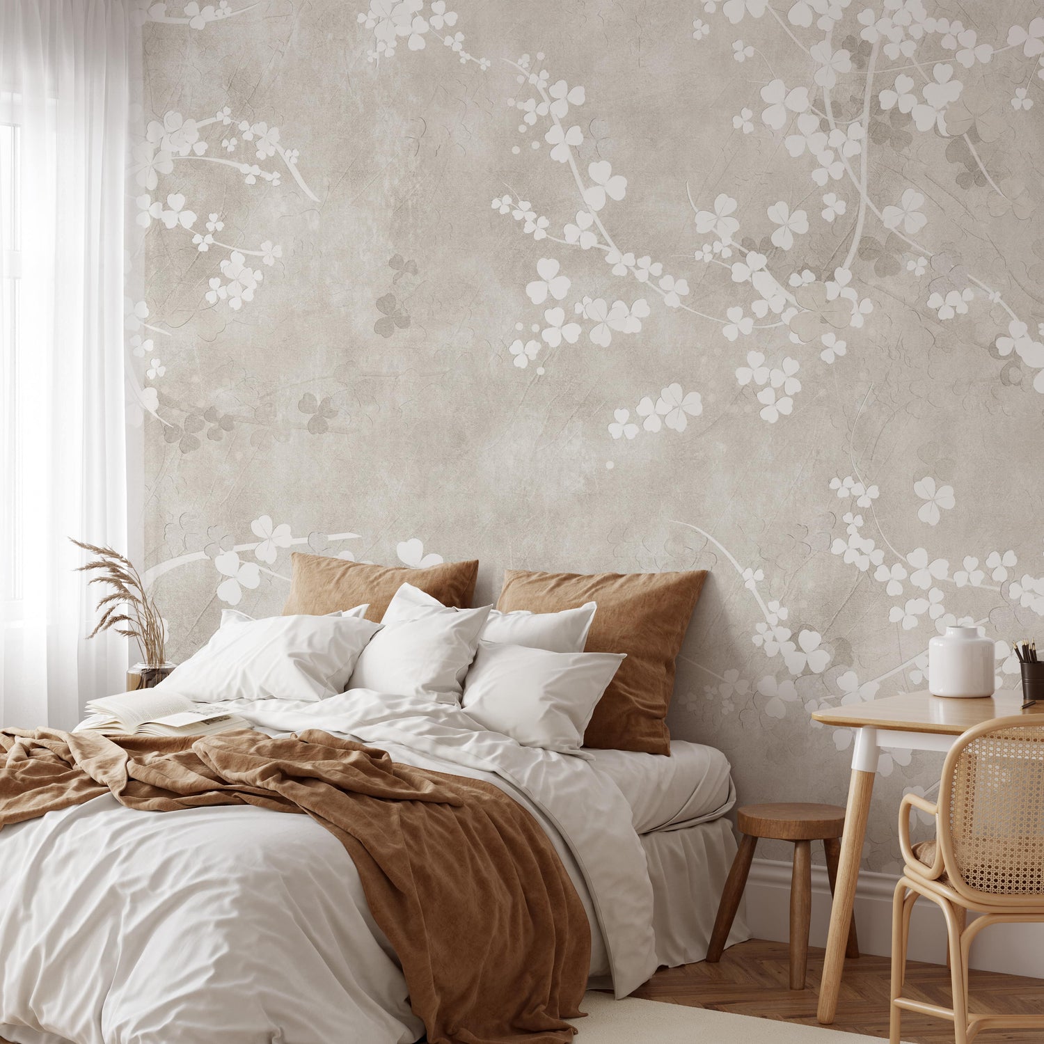 Wall Mural Soft Sakura Blossom - Neutral Floral Wallpaper