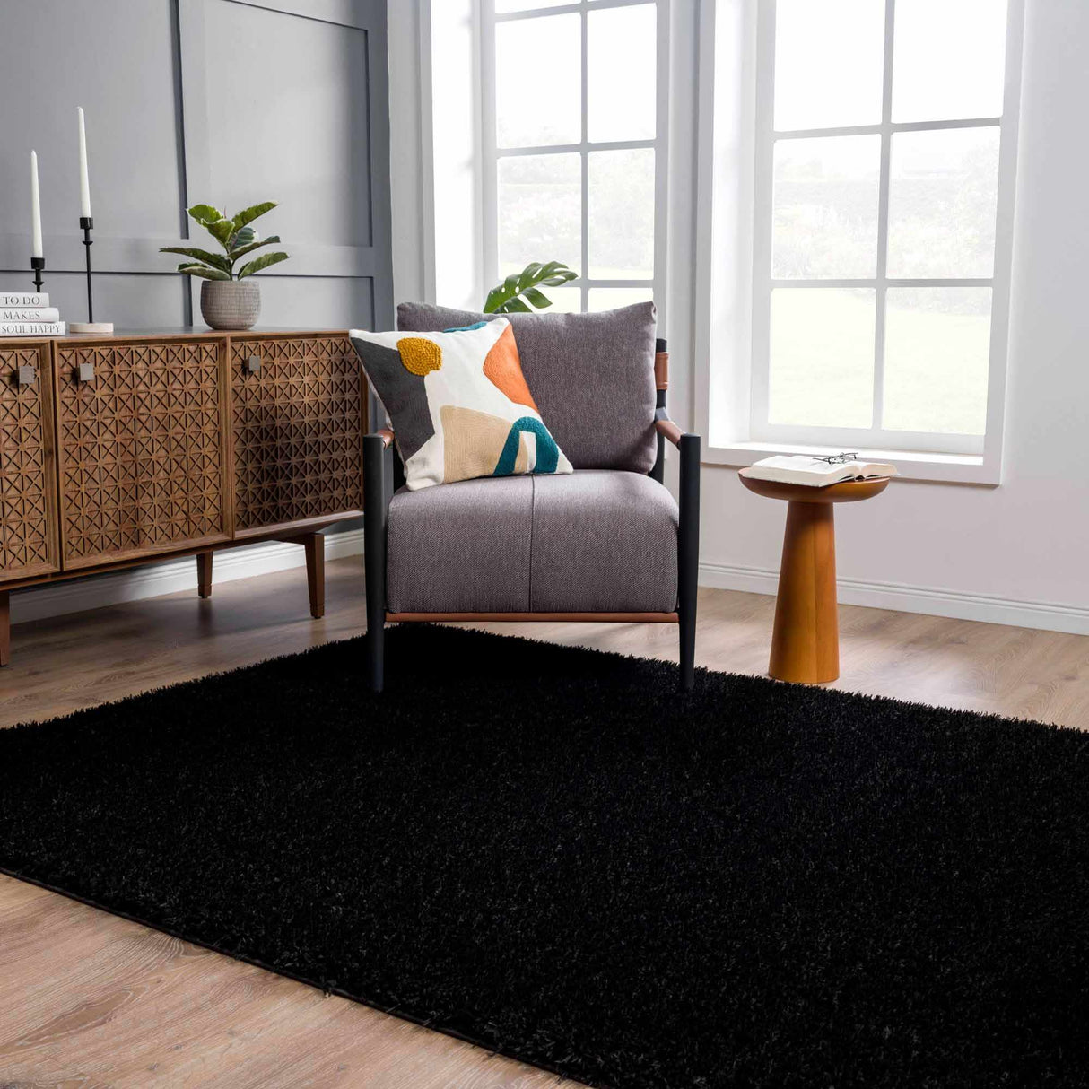 Faina Solid Black Shag Washable Area Rug - Clearance