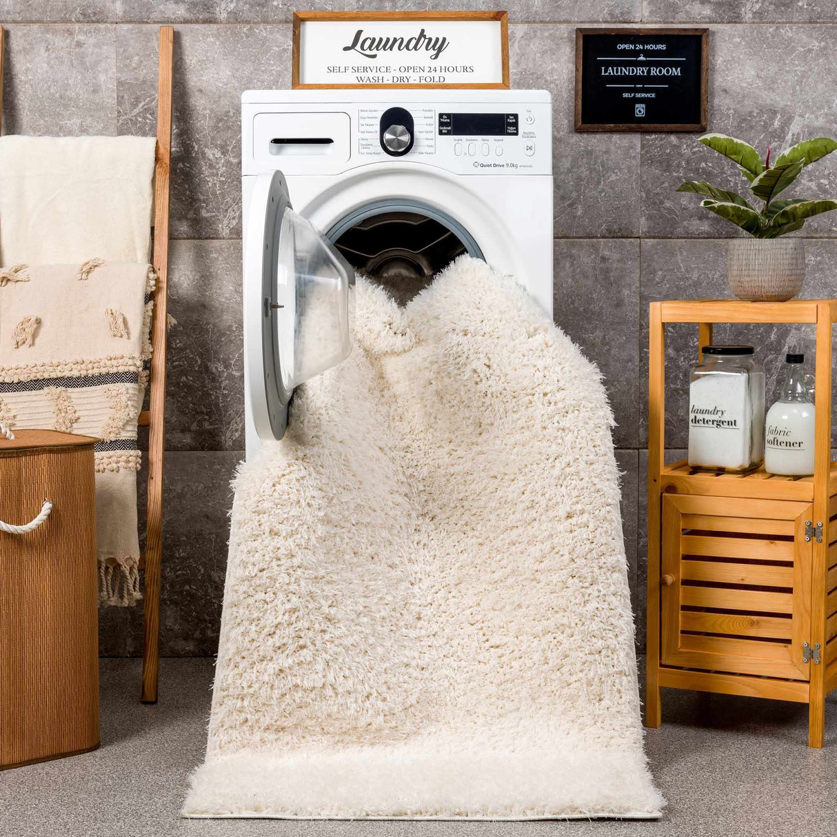 Faina Solid Cream Shag Washable Area Rug - Clearance