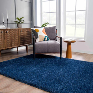 Faina Solid Dark Blue Shag Washable Area Rug - Clearance