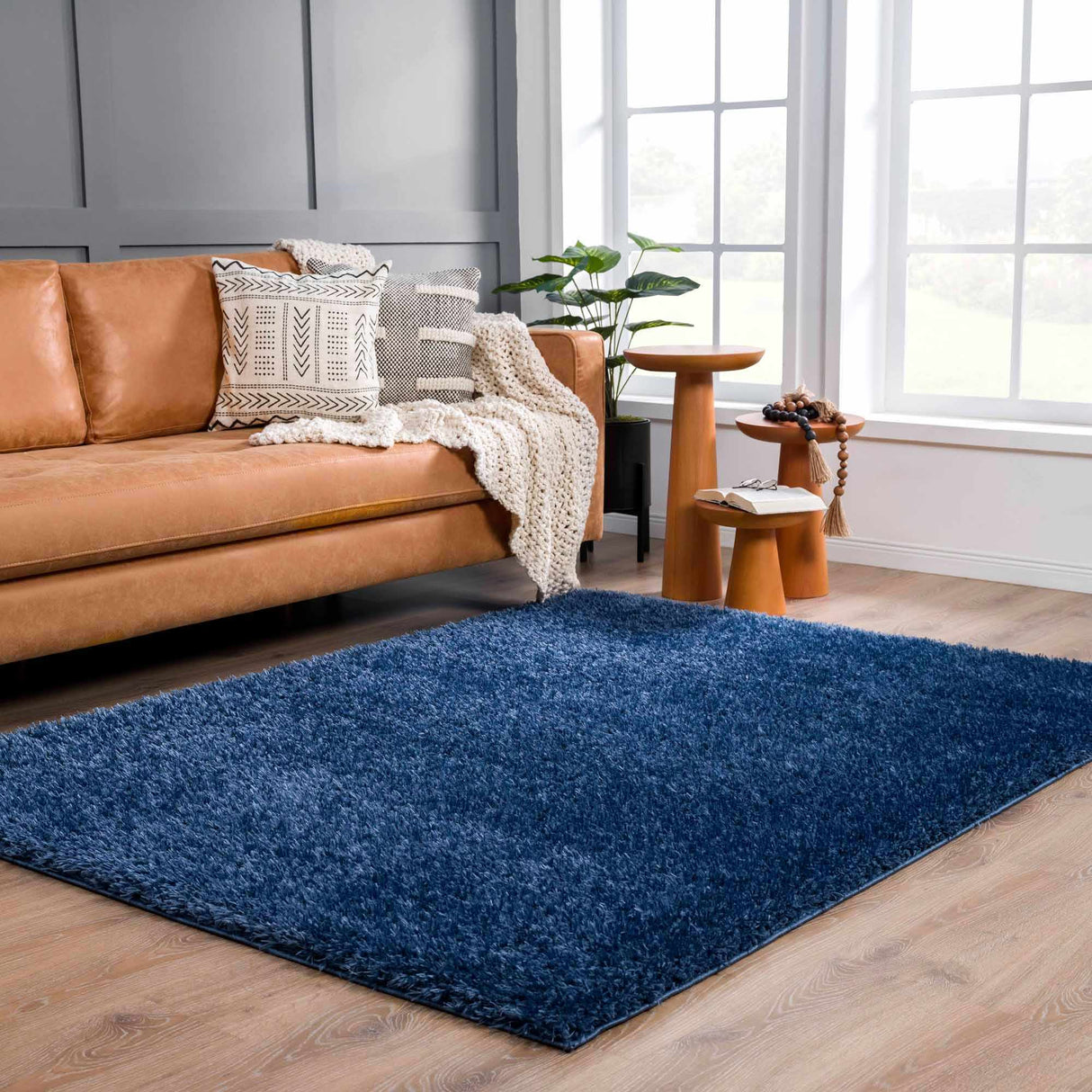 Faina Solid Dark Blue Shag Washable Area Rug - Clearance