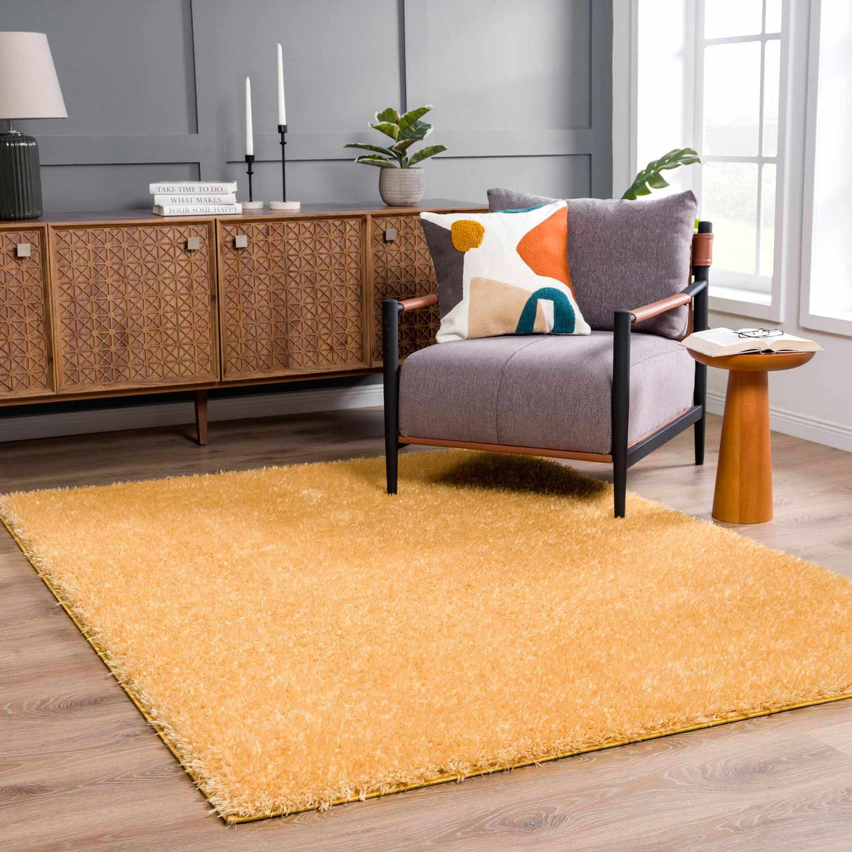 Faina Solid Gold Shag Washable Area Rug - Clearance
