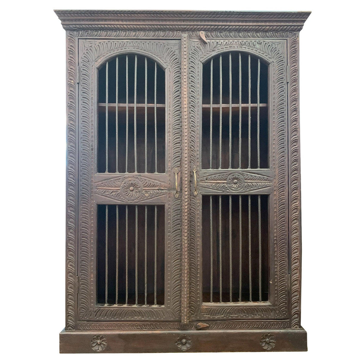 Ornately Hand Carved 45 in. Wide Armoire With Iron Grill Doors