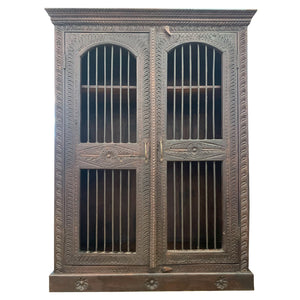 Ornately Hand Carved 45 in. Wide Armoire With Iron Grill Doors
