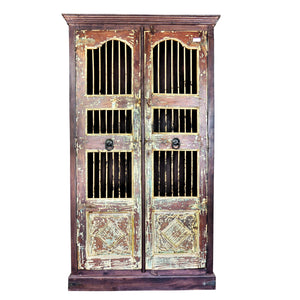 Farmhouse Style Solid Wood Vintage Iron Bar Door Repurposed 80" Tall Curio Armoire