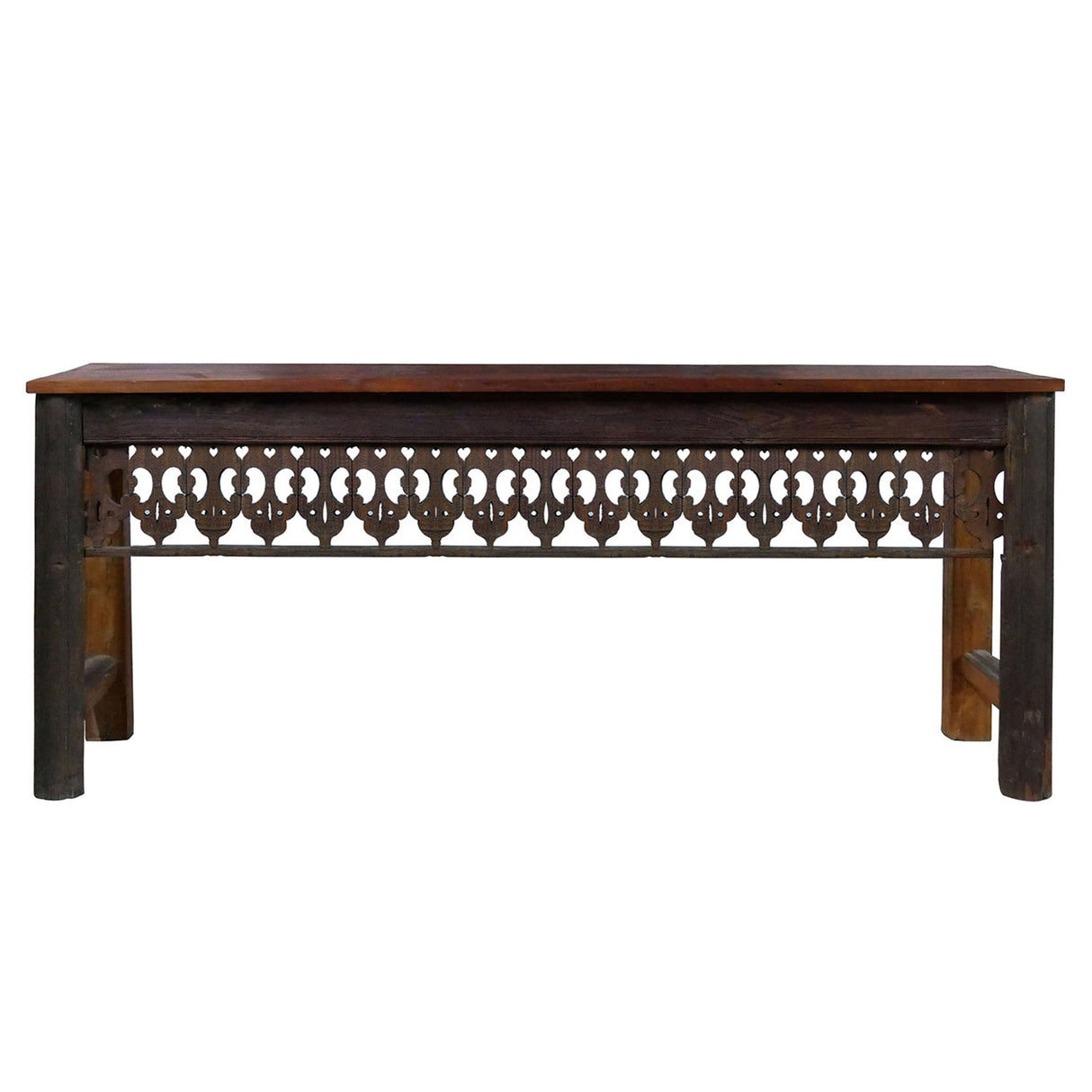 Farmhouse Style Antique Lattice Carved Teak Wood Frieze Repurposed 75" Long Console