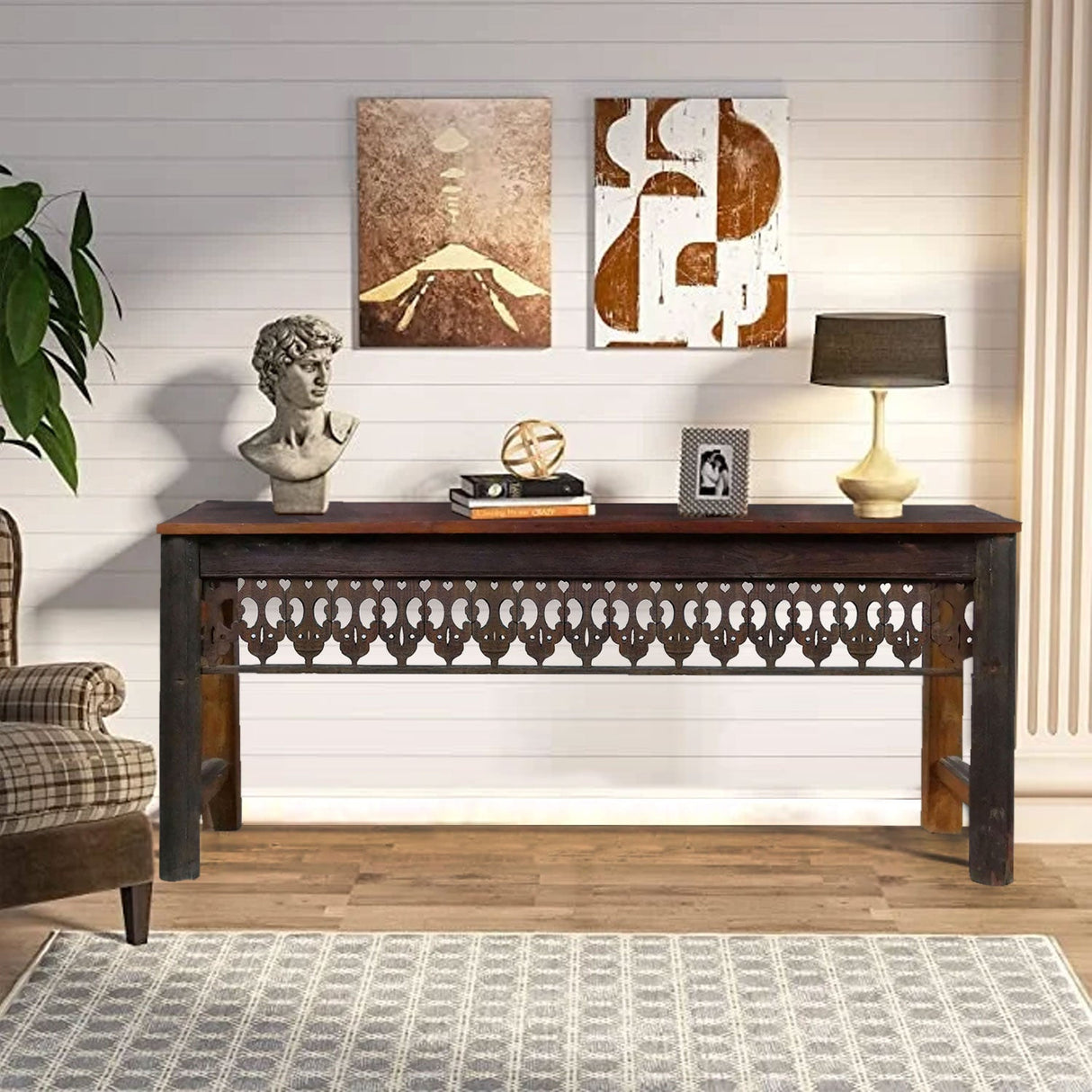 Farmhouse Style Antique Lattice Carved Teak Wood Frieze Repurposed 75" Long Console