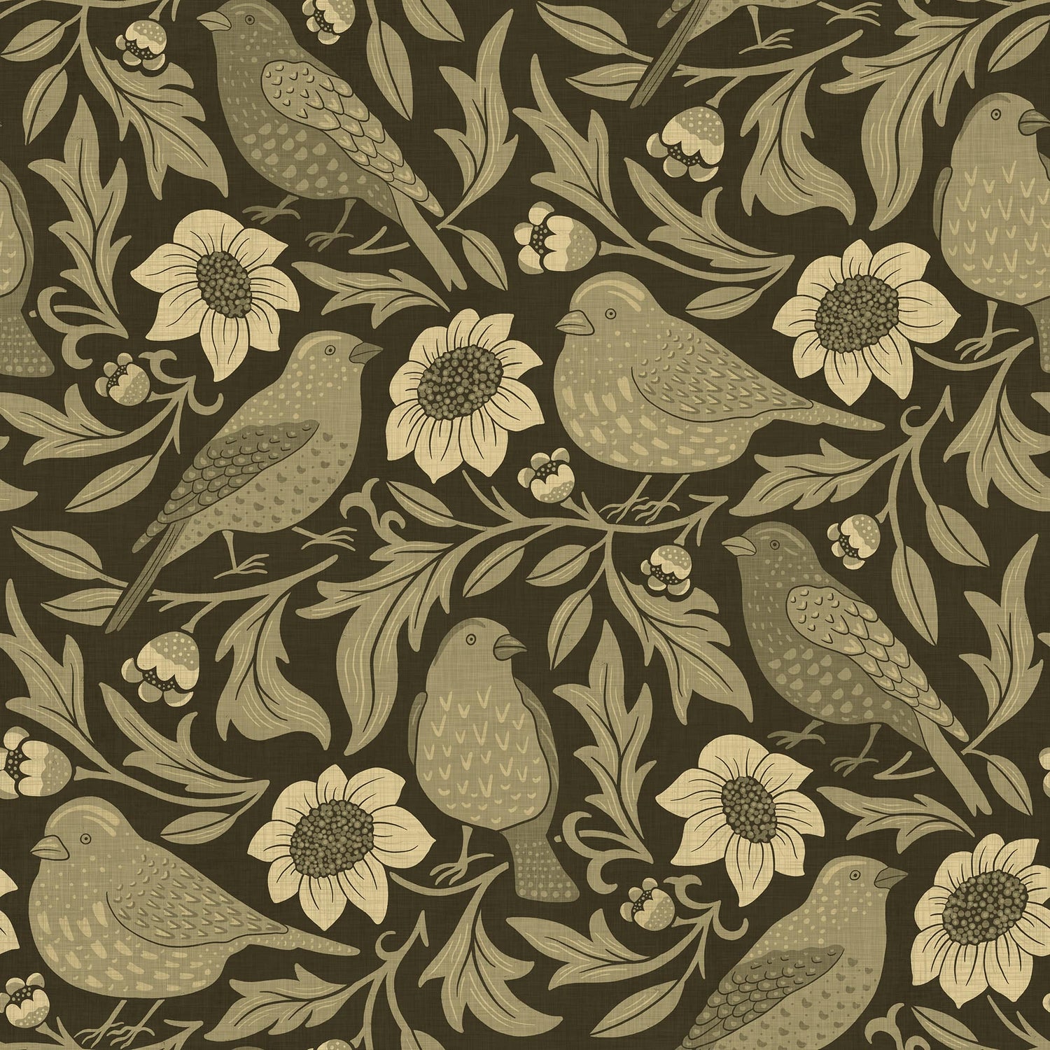 Heritage Birds & Wildflowers - Olive Green Botanical Wallpaper