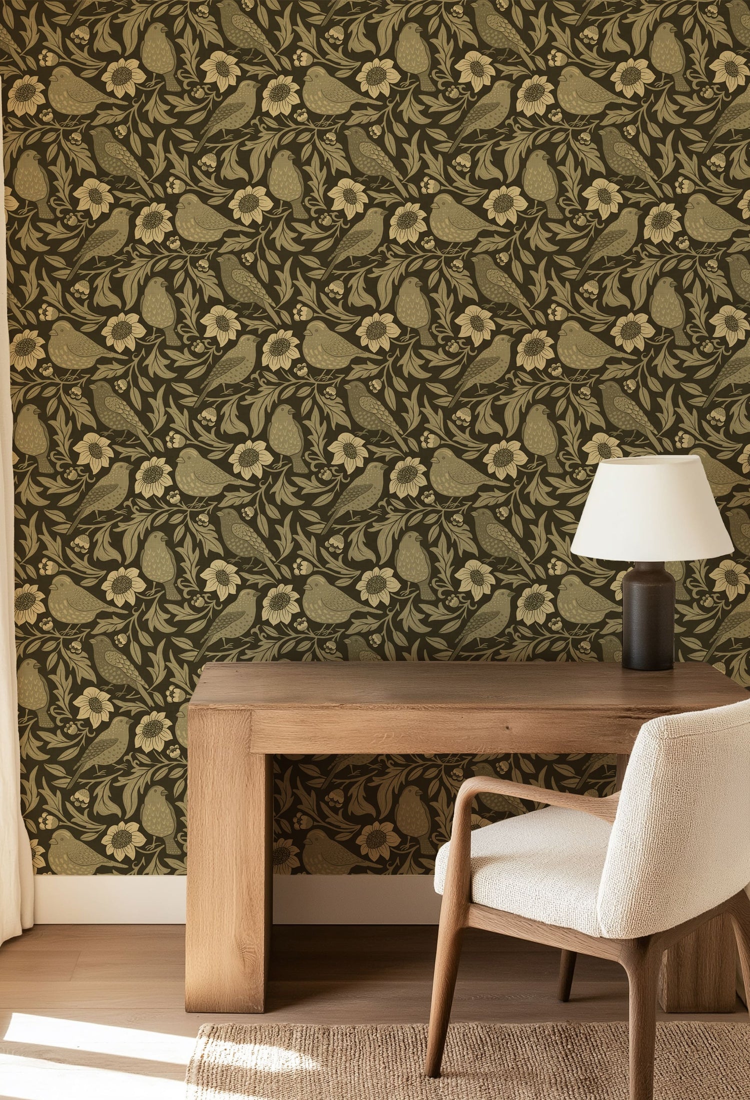 Heritage Birds & Wildflowers - Olive Green Botanical Wallpaper