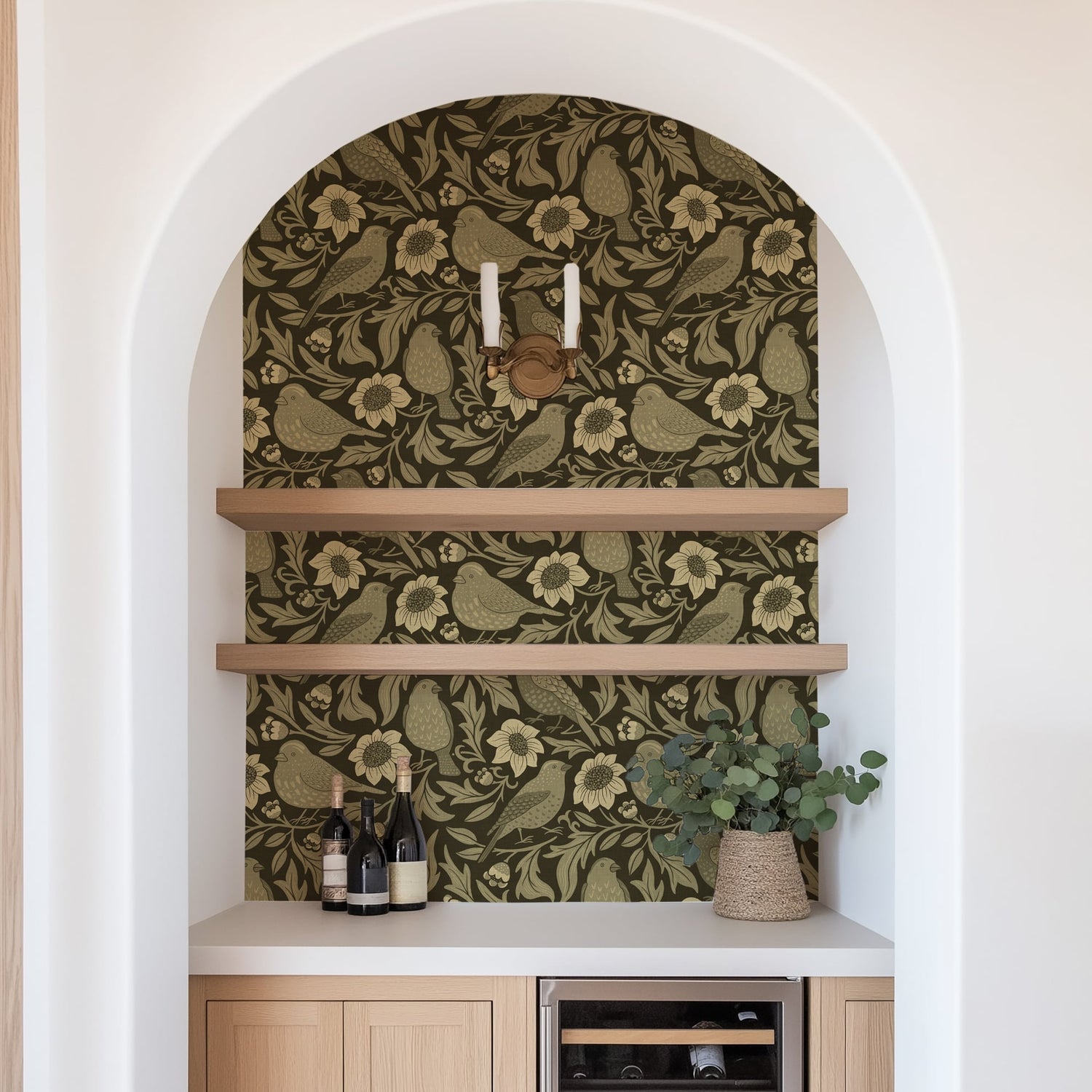 Heritage Birds & Wildflowers - Olive Green Botanical Wallpaper