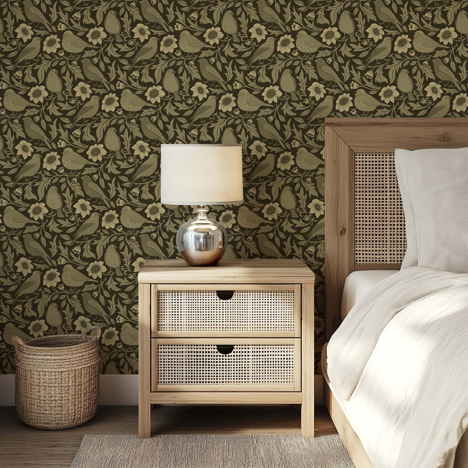 Heritage Birds & Wildflowers - Olive Green Botanical Wallpaper