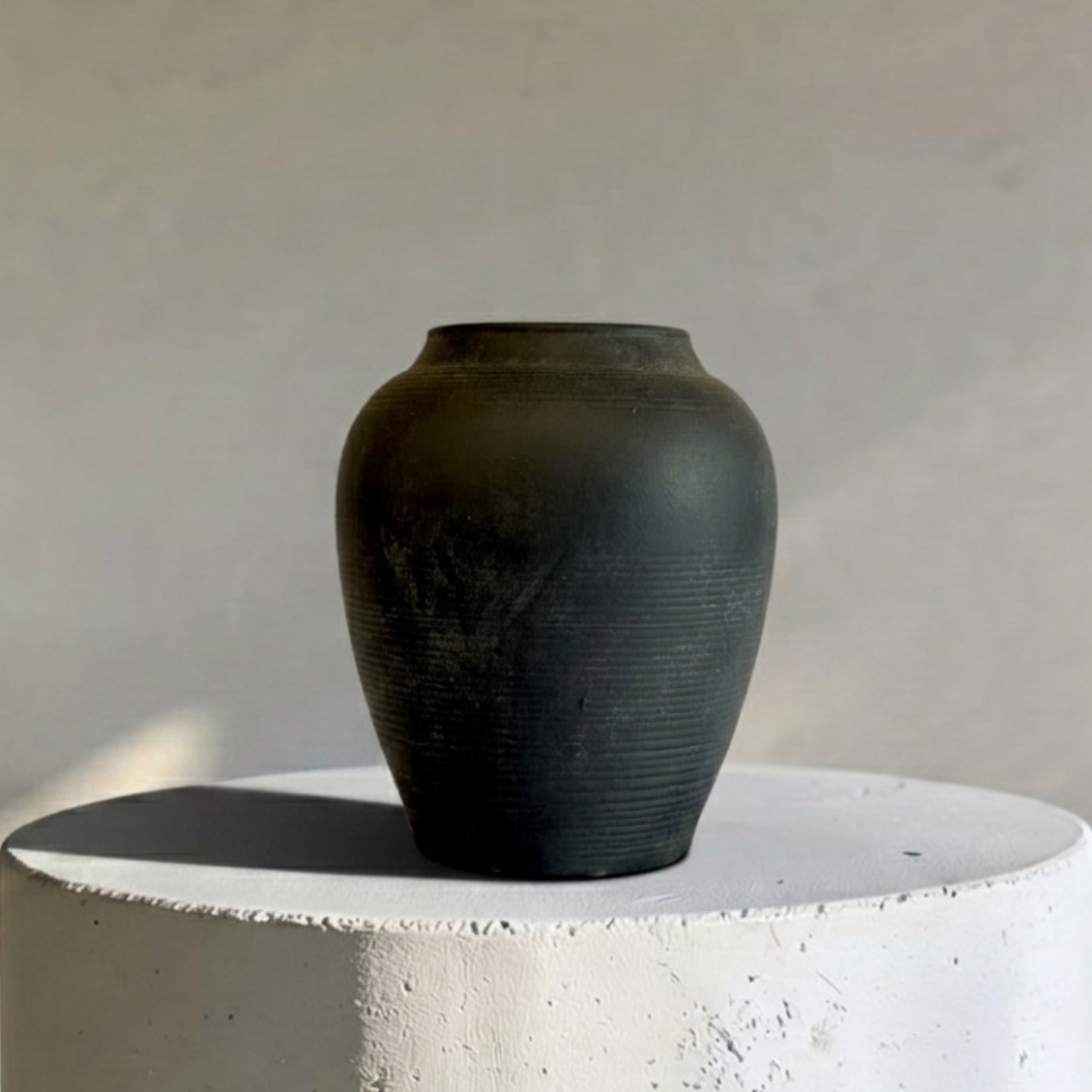 Heritage Classic Terracotta Vessel, Hand-Painted in Earthly Brown or Weathered Black, 7.8"D x 9.4"H