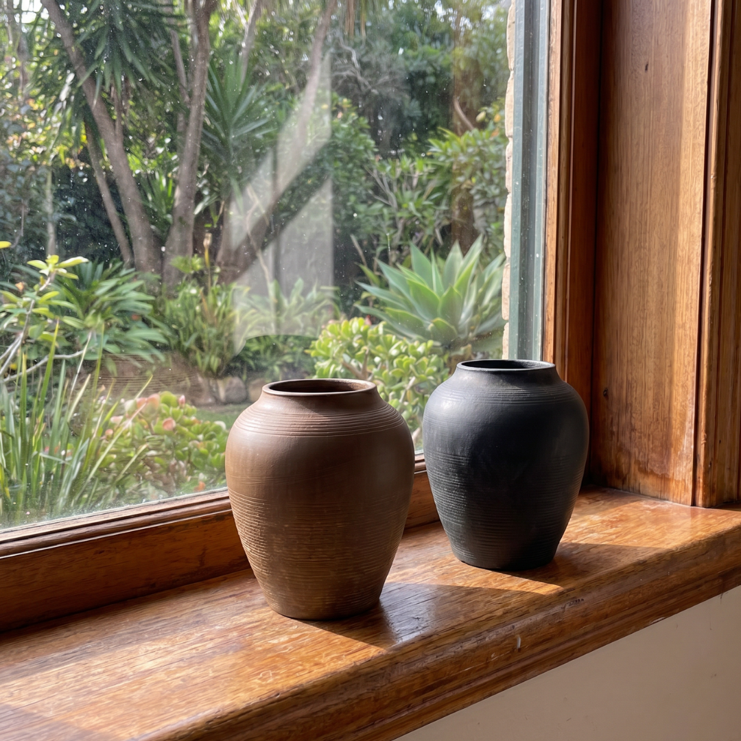 Heritage Classic Terracotta Vessel - Hand-Painted in Weathered Black, 7.8"D x 9.4"H