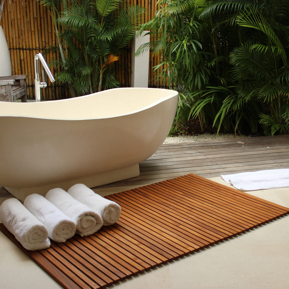 Spokane Extra Large Oiled Teak Shower and Bath String Mat with Rubber Footing 59″ x 35″